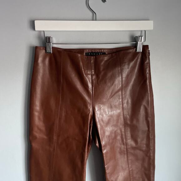 Theory 100% Leather Brown Pants Trousers size 2 Minimalist Neutral Winter Y2K 90 - Picture 3 of 4